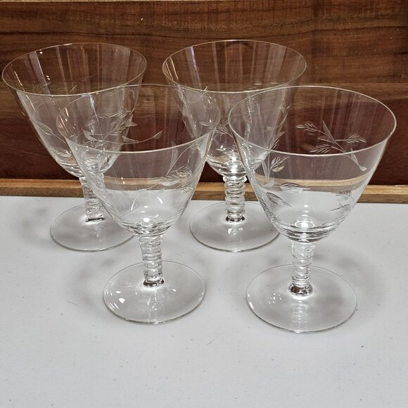 4 Etched Vines Leaves Water Glasses 5.5" ice tea stemware glass fine crystal Ele - Picture 10 of 11